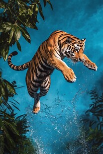 猛虎跃水于葱郁丛林间