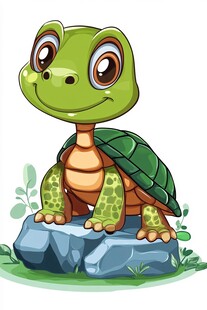 可爱小绿龟蹲坐石头上