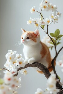 萌猫栖于繁花枝头