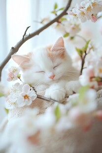 睡在花枝上的可爱小猫咪