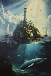 海上灯塔与深海鲸鱼奇景