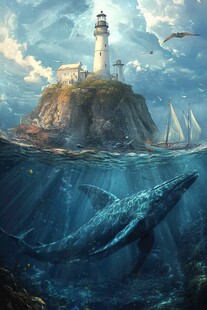梦幻海岛灯塔与深海鲸鱼