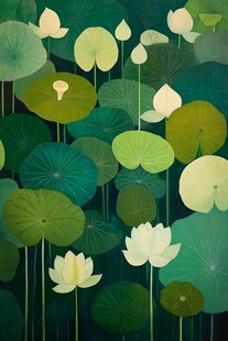 夏日荷塘莲叶荷花插画