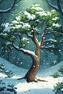 雪覆孤树的静谧森林景象