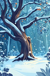 雪覆巨树的静谧森林图景
