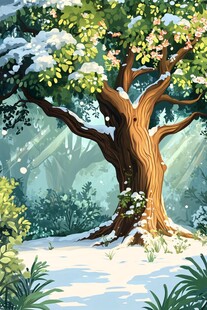 雪覆繁花大树的静谧森林