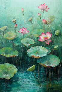 油画中的夏日荷花景致
