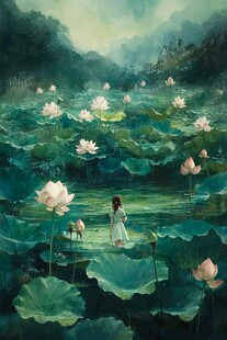 少女漫步于梦幻荷花池