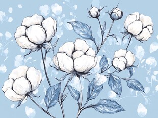 手绘蓝底棉花花卉图案