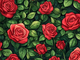 红玫瑰绿叶无缝花卉图案