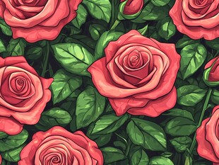 粉红玫瑰绿叶无缝图案