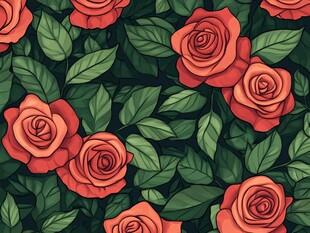 红色玫瑰绿叶无缝图案