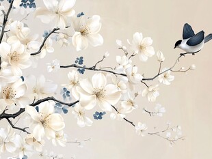 玉兰花枝上的灵动飞鸟