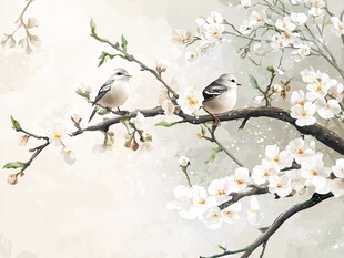 双鸟栖于繁花枝头