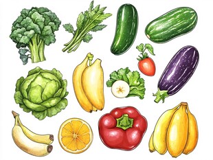 多彩蔬菜水果手绘插画