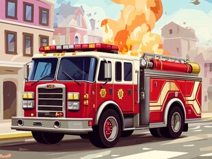 城市中疾驰的红色消防车