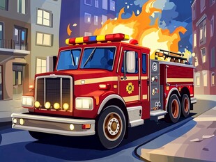 城市中疾驰的红色消防车