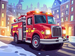 城市中闪亮的红色消防车