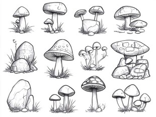 手绘蘑菇与石头插画集合