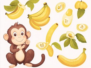 可爱小猴与美味香蕉插画