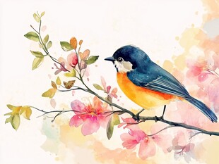 花鸟水彩画 小鸟栖于花枝