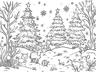 冬日森林动物与圣诞树图景