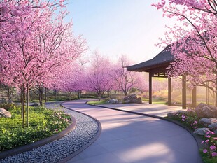 春日樱花小道中的静谧凉亭