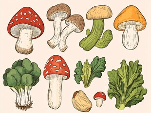 手绘蘑菇与蔬菜插画集