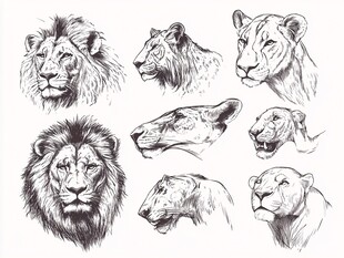 狮子头部多角度手绘素描