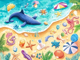 夏日海滩海洋生物欢乐场景