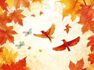 秋日飞鸟与枫叶的灵动画面