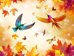 秋日飞鸟与落叶的梦幻图景