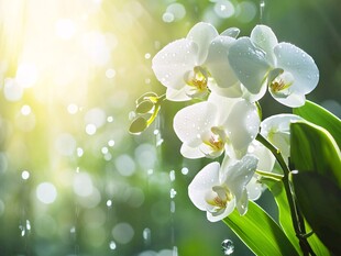 阳光下带水珠的白色兰花