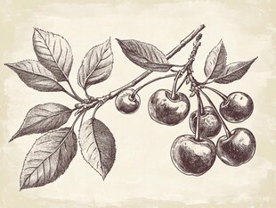 手绘樱桃枝与果实