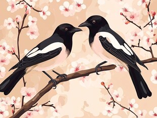 枝头双鹊闹 繁花相伴