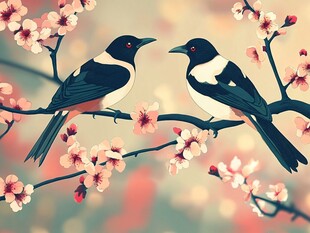 枝头双鹊闹春景