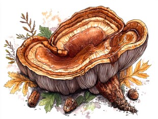 水彩绘灵芝 秋意植物图景