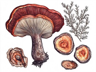 大型红蘑菇及其切片与枝叶