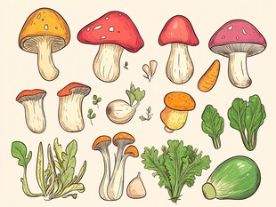 手绘蘑菇与蔬菜集合插画