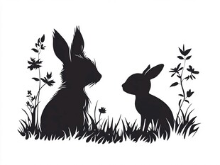 草地上的兔子母子剪影