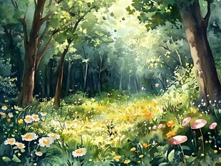 阳光洒落的梦幻森林花田
