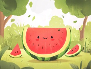 可爱西瓜在绿意盎然的草地