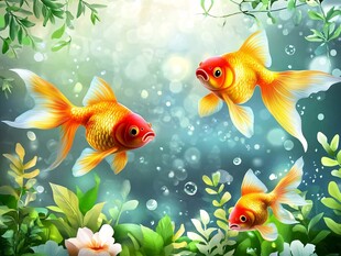 水中金鱼畅游绿植间