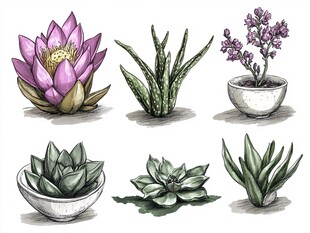 手绘多肉与花卉植物集合