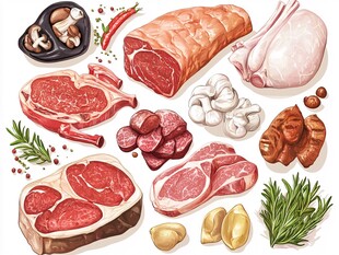 多样肉类与香料食材集合