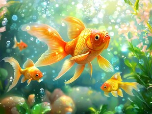 畅游的美丽金鱼在水中世界