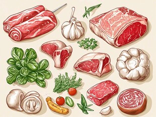 肉类与新鲜配菜组合展示