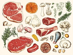 肉类与食材的手绘插画