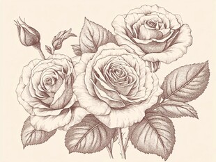 复古素描风绽放的玫瑰花