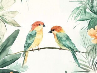 枝头双鸟 绿植相伴